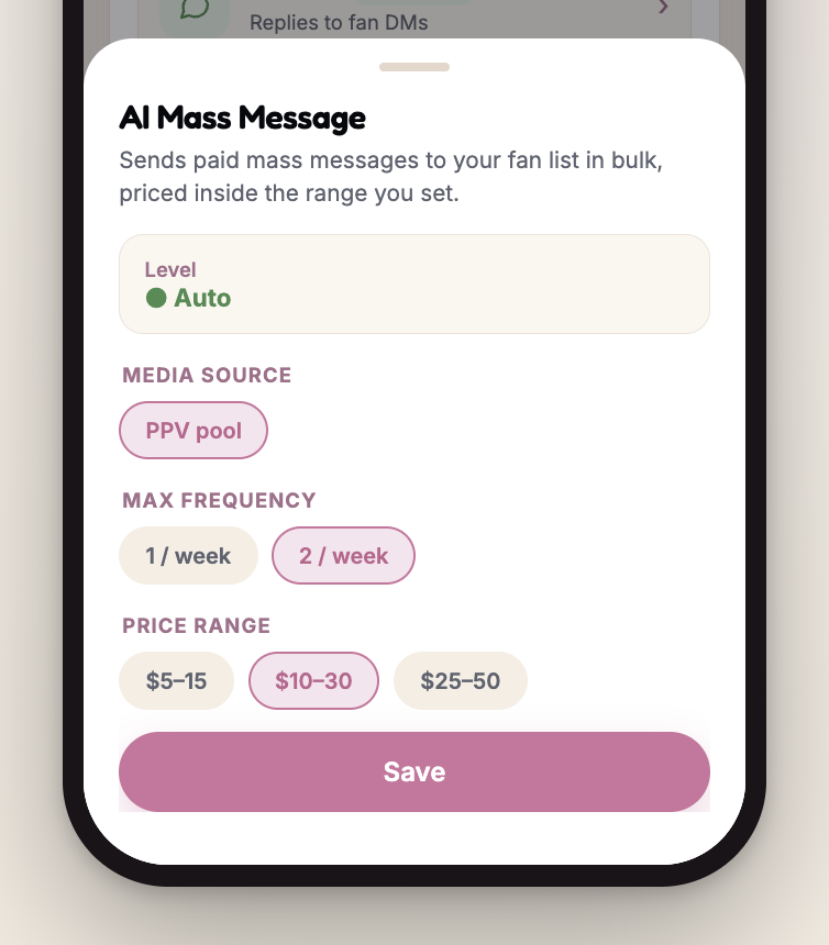 AI Mass Message settings screen showing the level set to Auto, the PPV pool media source, max frequency options and price range options