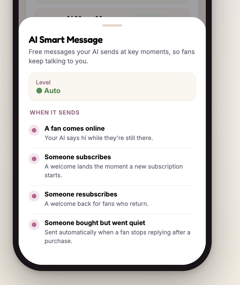 AI Smart Message settings screen showing the level set to Auto and the four sending triggers