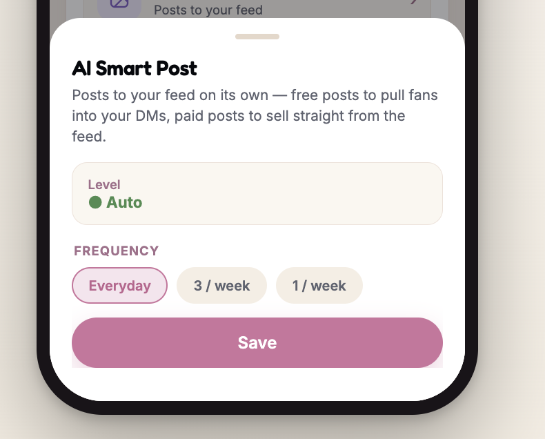 AI Smart Post settings screen showing the level set to Auto and frequency options of Everyday, 3 per week and 1 per week