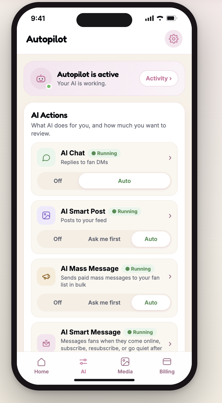Autopilot screen showing the AI Actions list with AI Chat, AI Smart Post, AI Mass Message and AI Smart Message rows