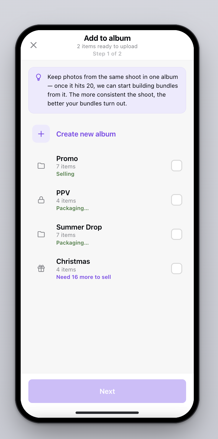 Add to album step showing a tip about keeping one shoot per album and a list of albums with item counts