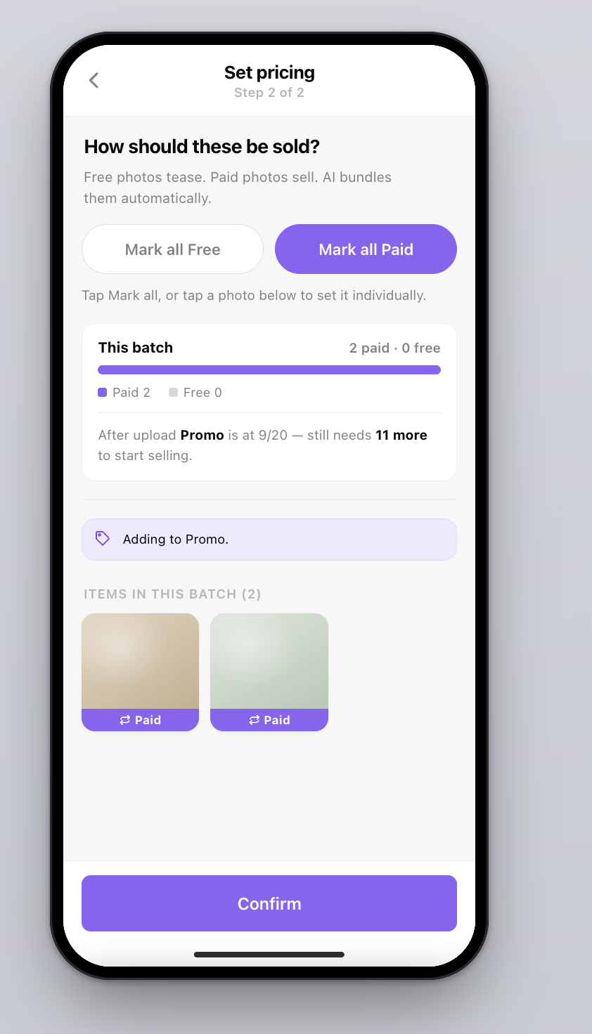 Set pricing step showing Mark all Free and Mark all Paid buttons, a batch summary and album progress